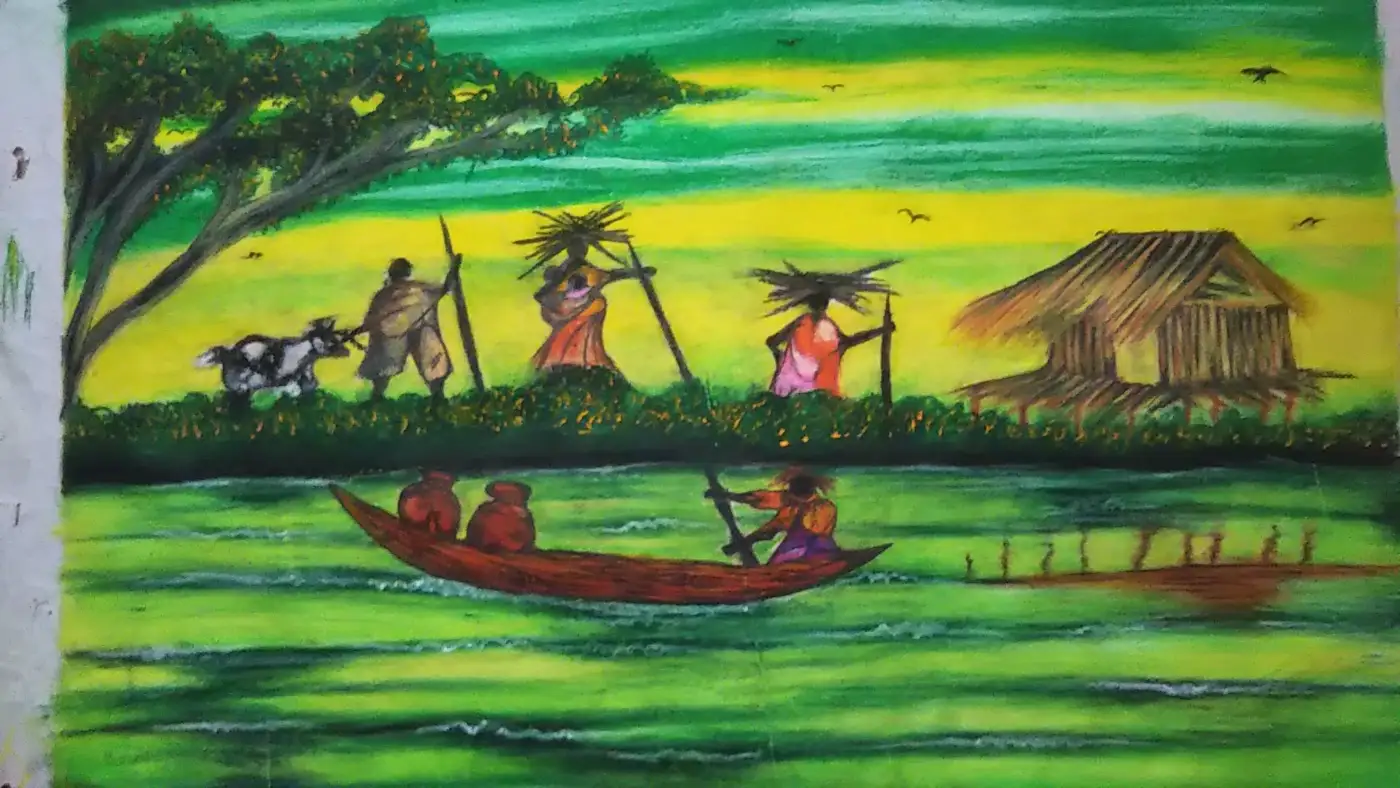 River Scene with Village Life